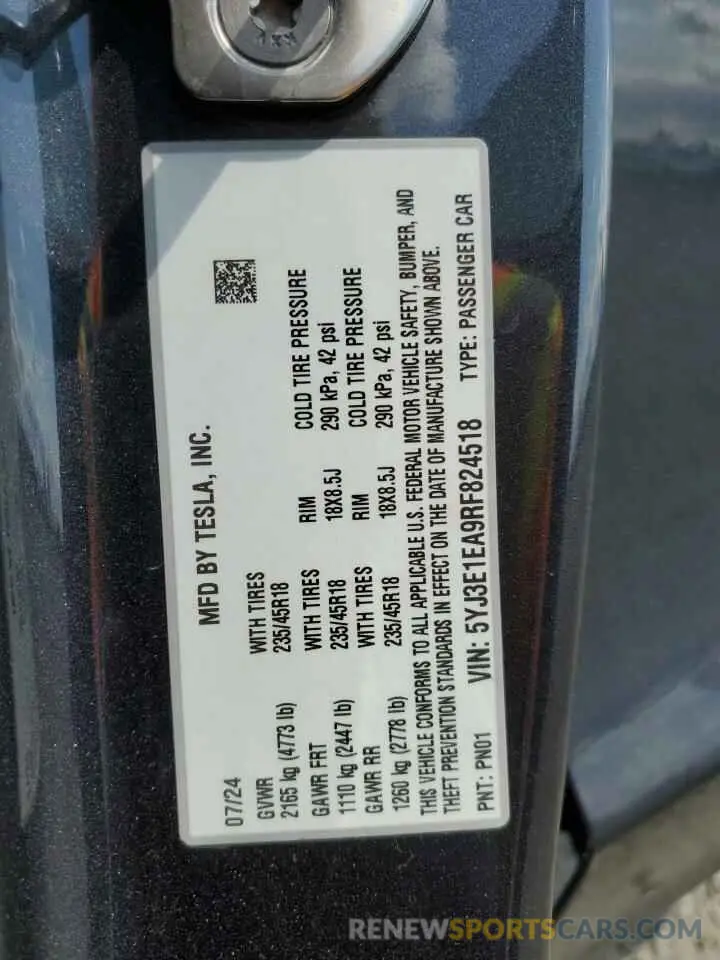 12 Photograph of a damaged car 5YJ3E1EA9RF824518 TESLA MODEL 3 2024
