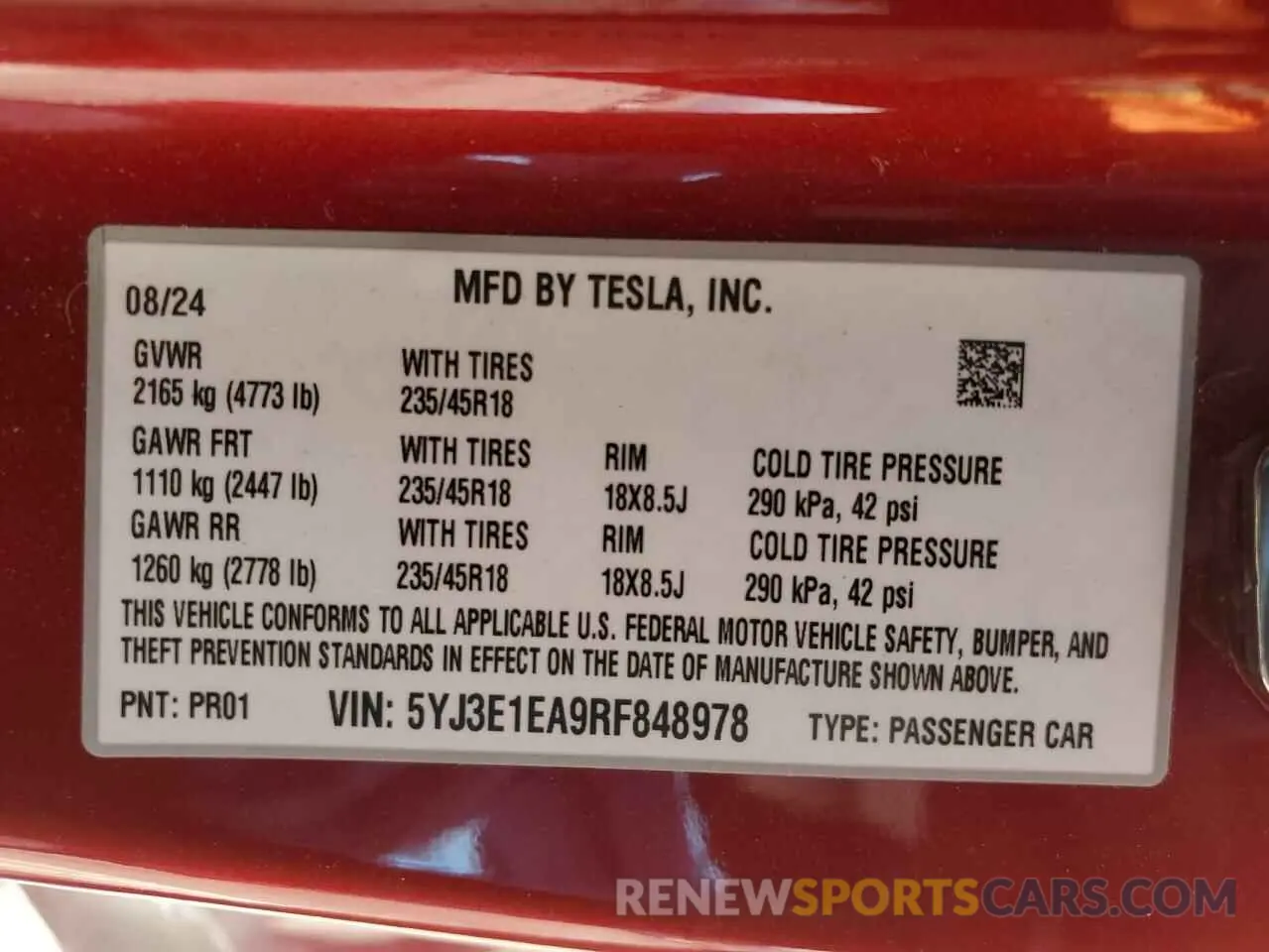 14 Photograph of a damaged car 5YJ3E1EA9RF848978 TESLA MODEL 3 2024