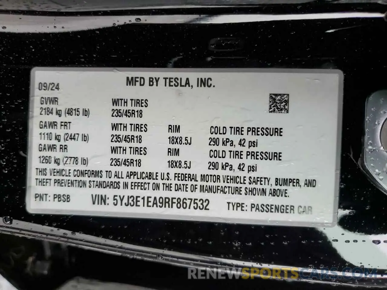 14 Photograph of a damaged car 5YJ3E1EA9RF867532 TESLA MODEL 3 2024