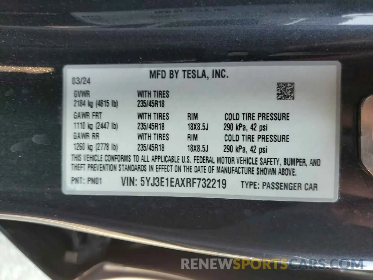 12 Photograph of a damaged car 5YJ3E1EAXRF732219 TESLA MODEL 3 2024