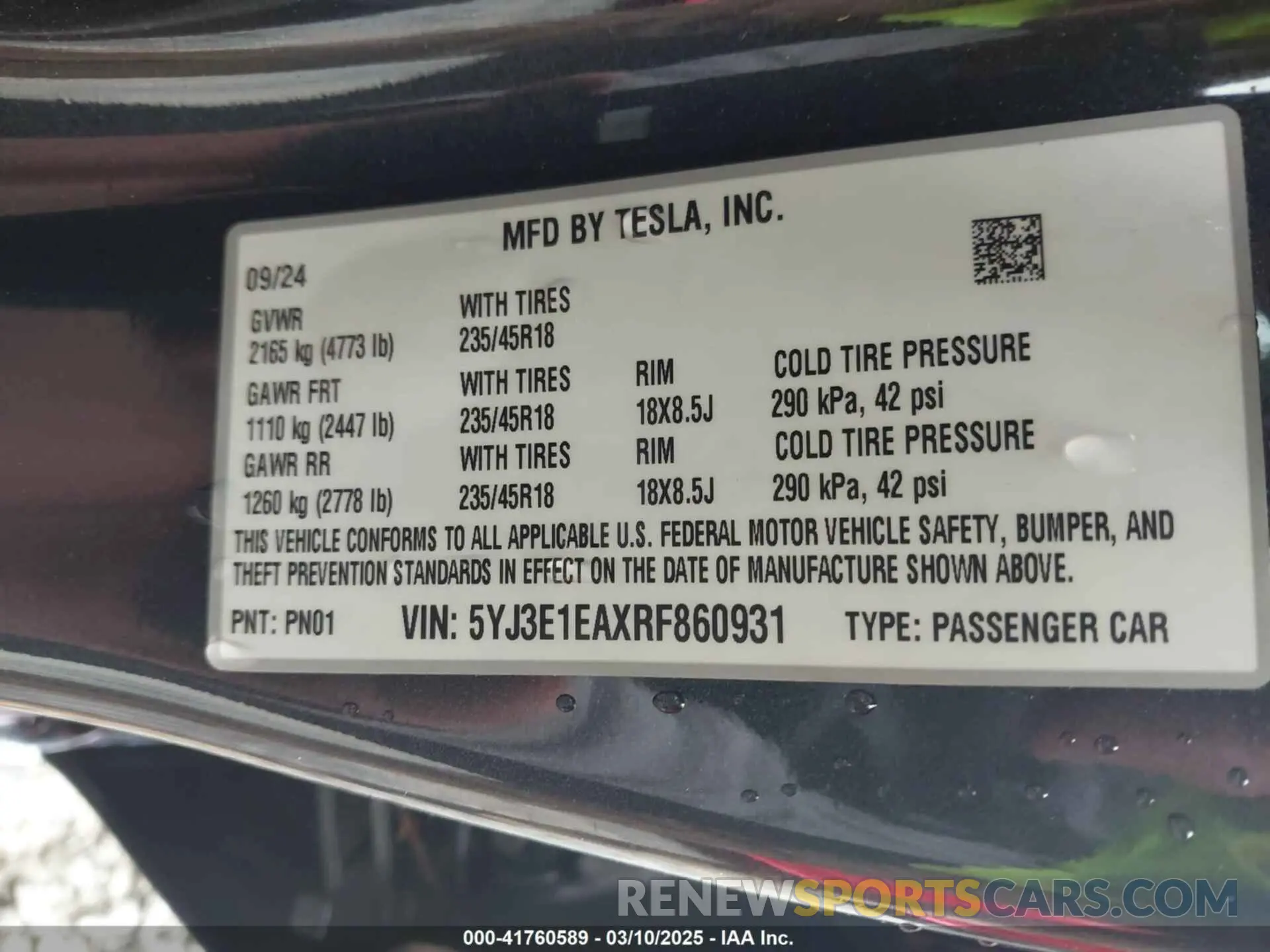 9 Photograph of a damaged car 5YJ3E1EAXRF860931 TESLA MODEL 3 2024