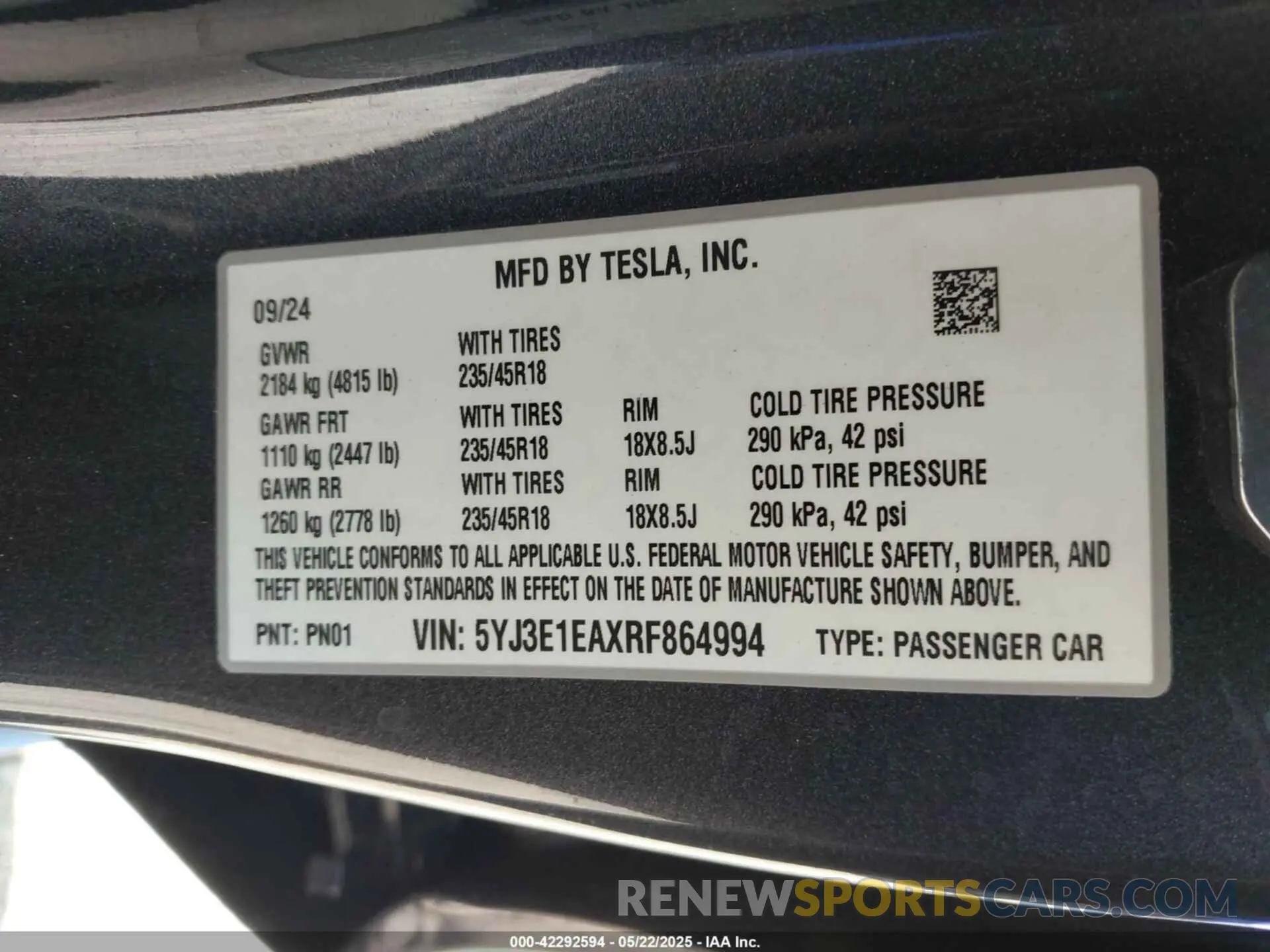 9 Photograph of a damaged car 5YJ3E1EAXRF864994 TESLA MODEL 3 2024