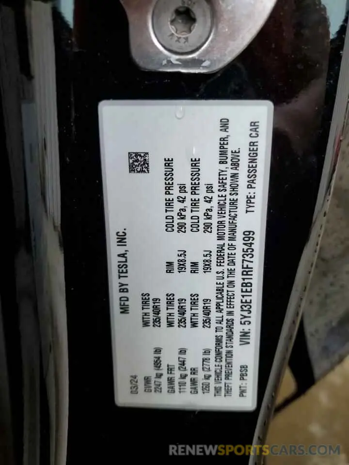 12 Photograph of a damaged car 5YJ3E1EB1RF735499 TESLA MODEL 3 2024