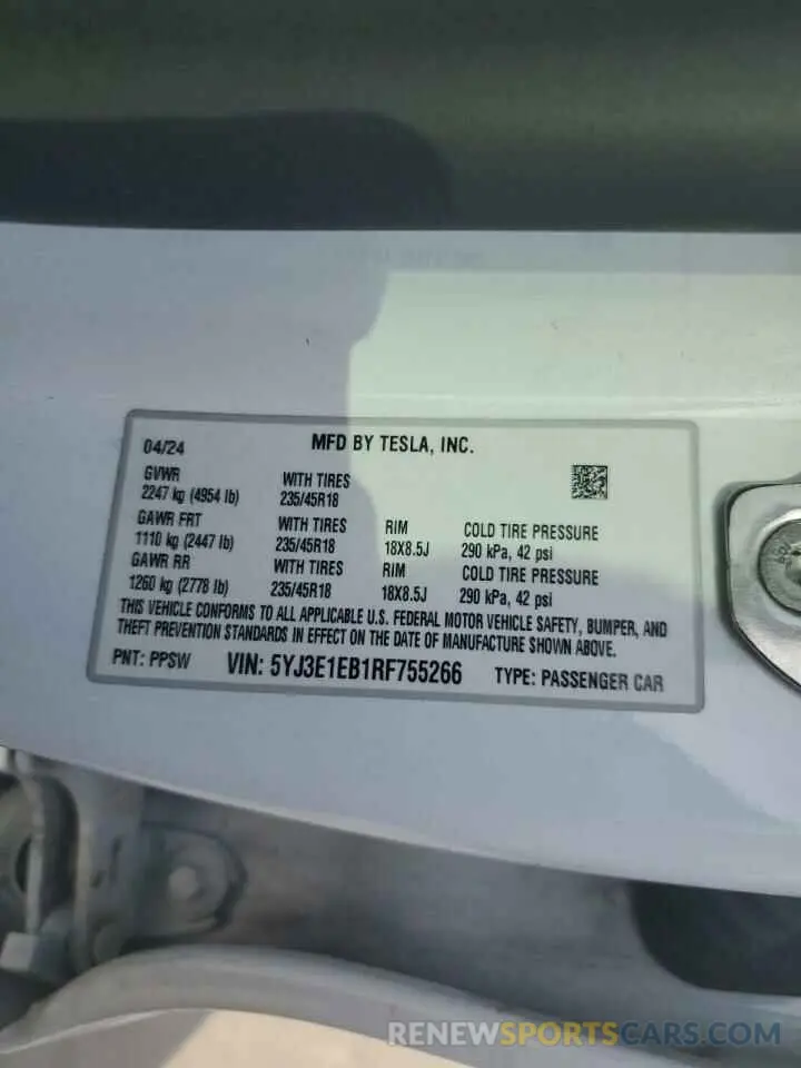 12 Photograph of a damaged car 5YJ3E1EB1RF755266 TESLA MODEL 3 2024