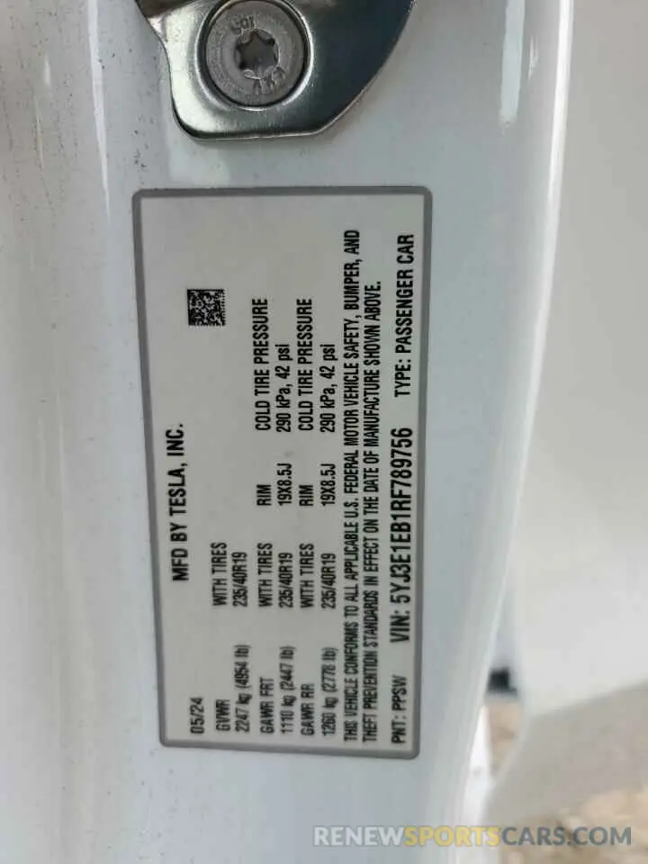 13 Photograph of a damaged car 5YJ3E1EB1RF789756 TESLA MODEL 3 2024