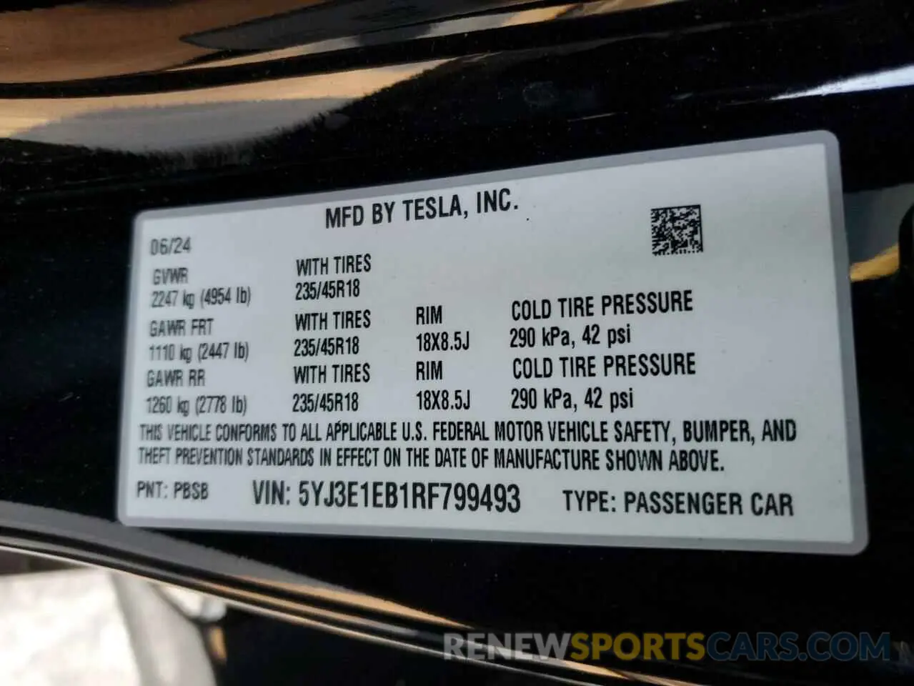 14 Photograph of a damaged car 5YJ3E1EB1RF799493 TESLA MODEL 3 2024