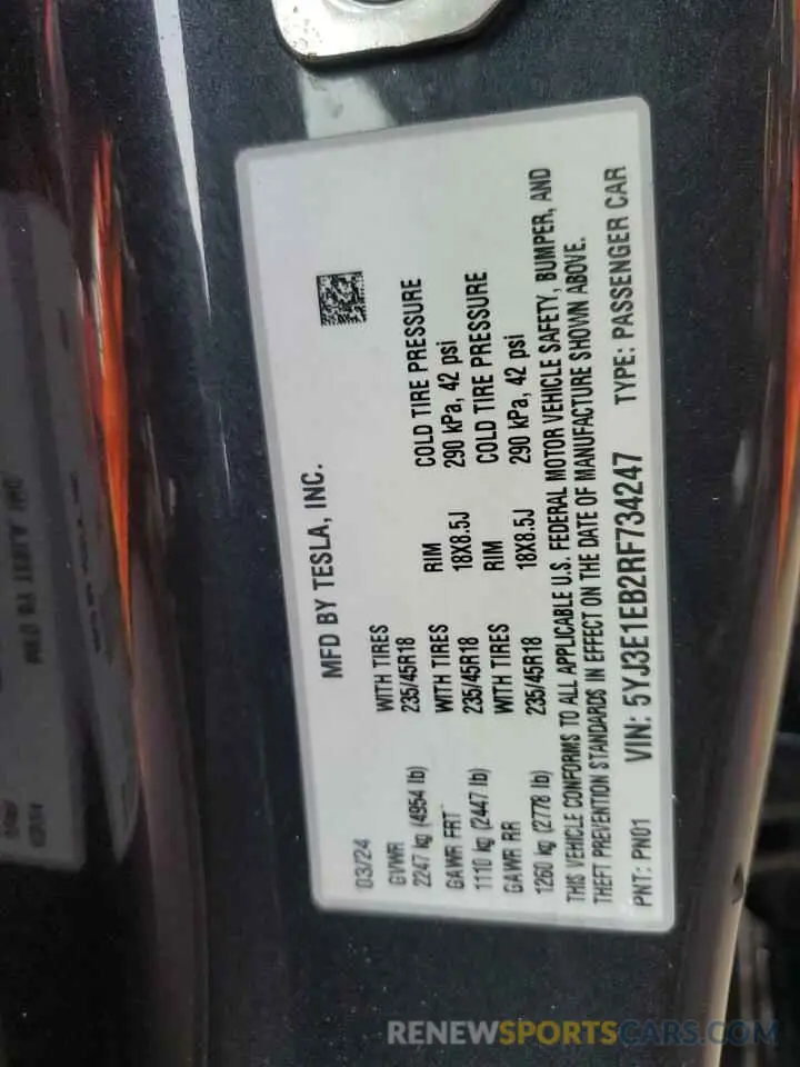 14 Photograph of a damaged car 5YJ3E1EB2RF734247 TESLA MODEL 3 2024
