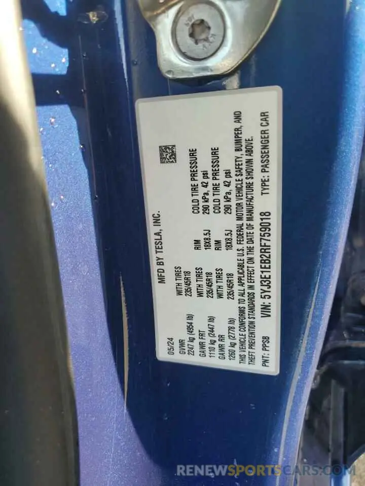 13 Photograph of a damaged car 5YJ3E1EB2RF759018 TESLA MODEL 3 2024