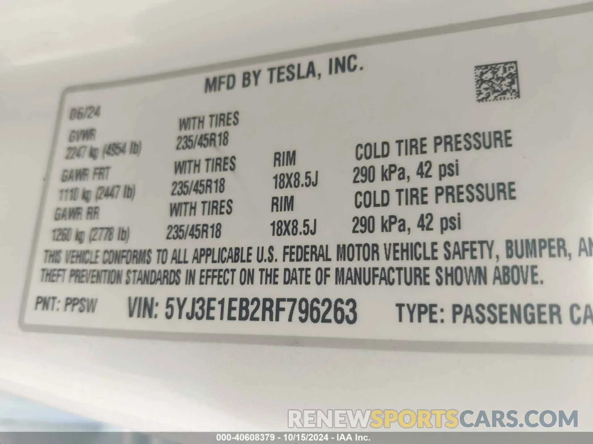 9 Photograph of a damaged car 5YJ3E1EB2RF796263 TESLA MODEL 3 2024