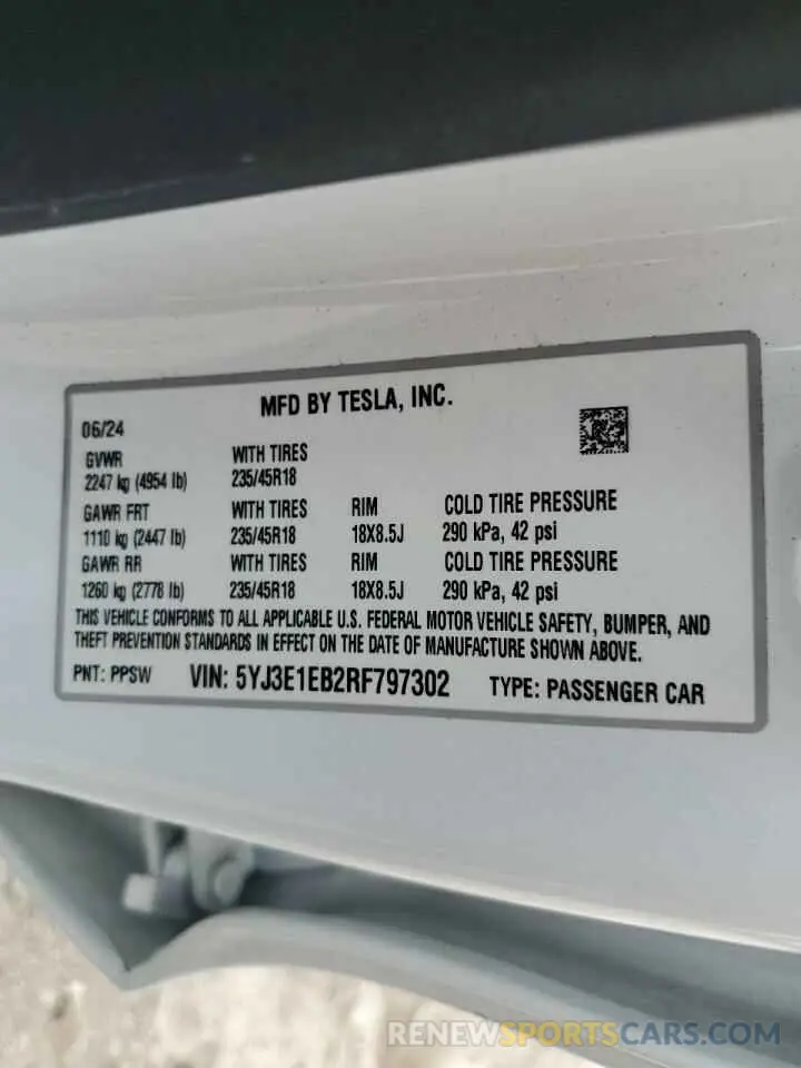13 Photograph of a damaged car 5YJ3E1EB2RF797302 TESLA MODEL 3 2024