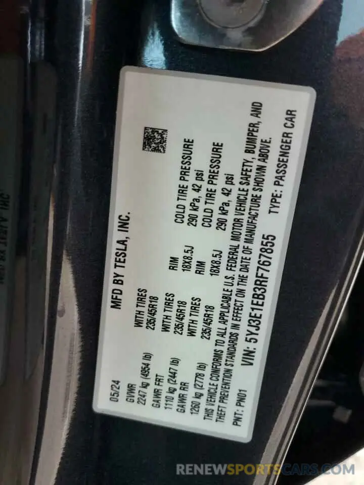 12 Photograph of a damaged car 5YJ3E1EB3RF767855 TESLA MODEL 3 2024