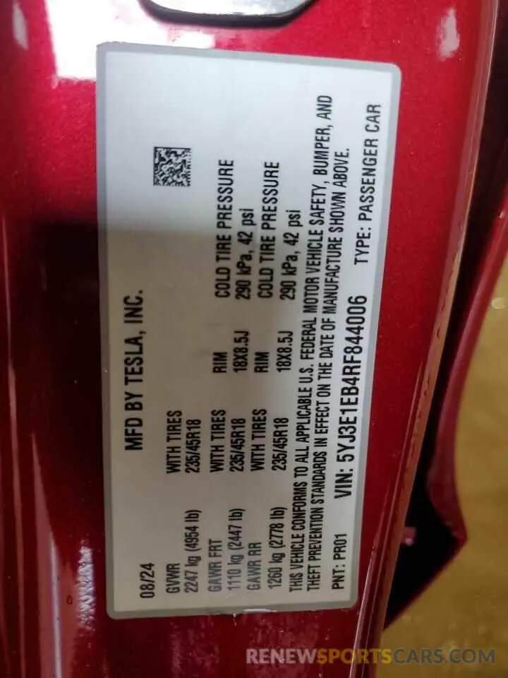 13 Photograph of a damaged car 5YJ3E1EB4RF844006 TESLA MODEL 3 2024