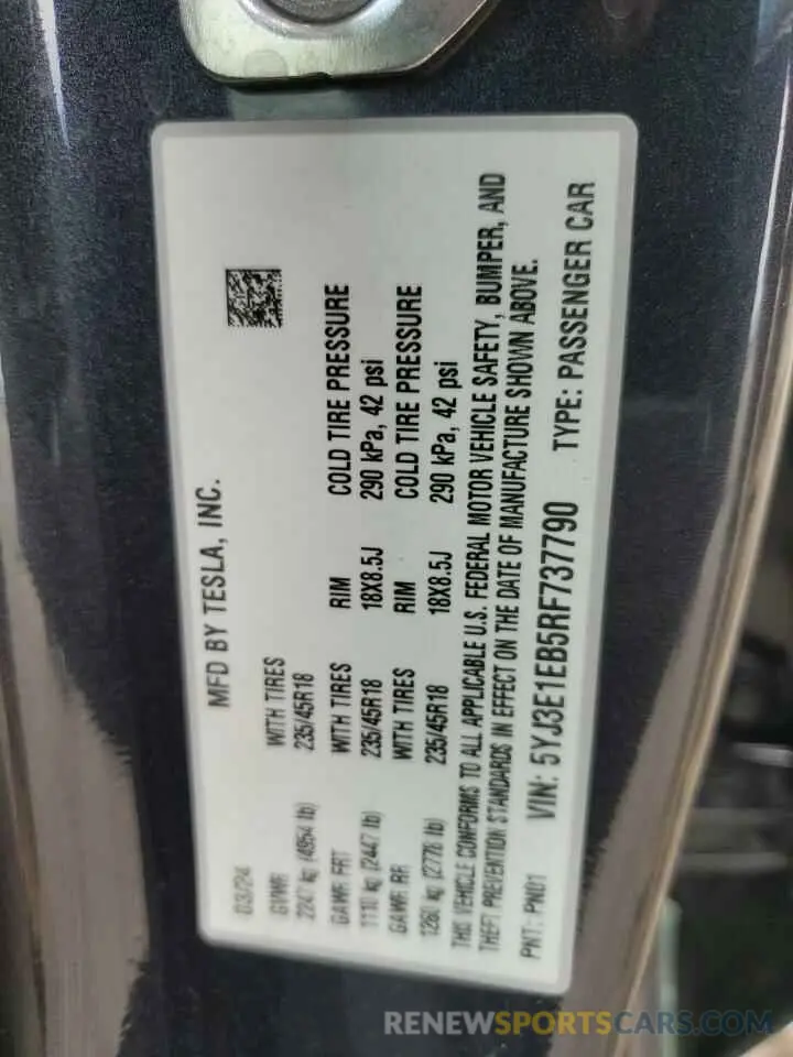 12 Photograph of a damaged car 5YJ3E1EB5RF737790 TESLA MODEL 3 2024