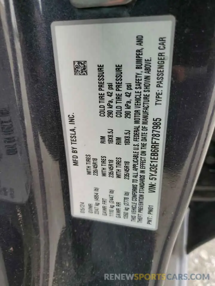 14 Photograph of a damaged car 5YJ3E1EB6RF787985 TESLA MODEL 3 2024
