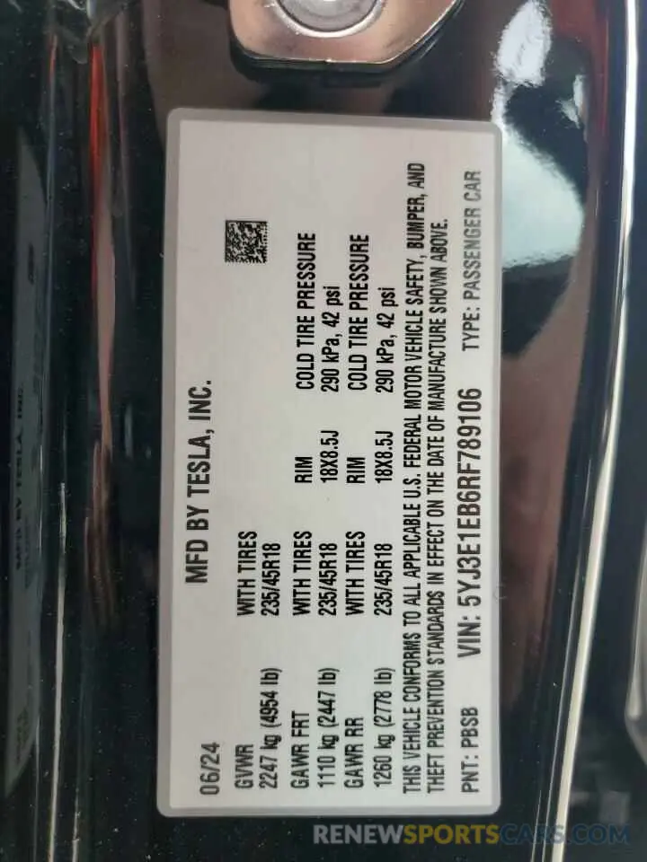 13 Photograph of a damaged car 5YJ3E1EB6RF789106 TESLA MODEL 3 2024