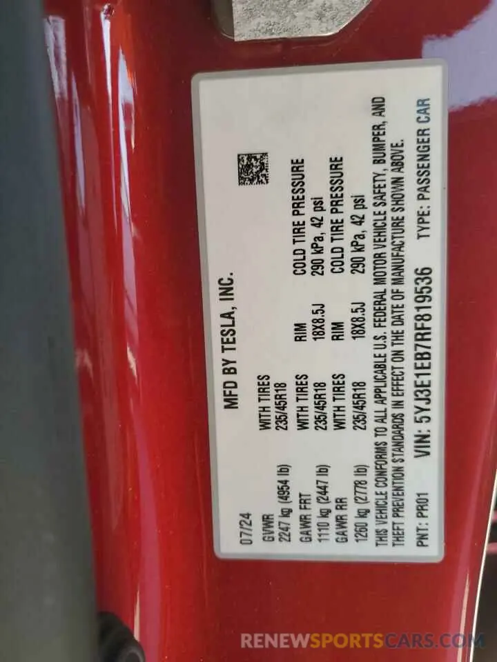 13 Photograph of a damaged car 5YJ3E1EB7RF819536 TESLA MODEL 3 2024