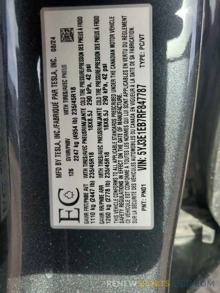 12 Photograph of a damaged car 5YJ3E1EB7RF847787 TESLA MODEL 3 2024