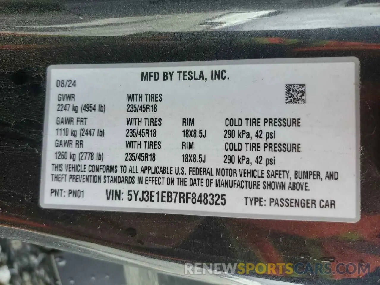14 Photograph of a damaged car 5YJ3E1EB7RF848325 TESLA MODEL 3 2024