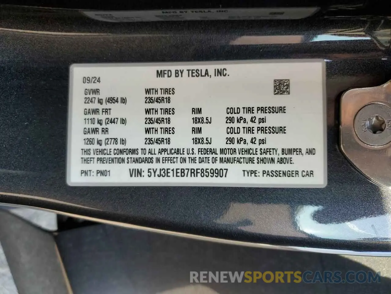 12 Photograph of a damaged car 5YJ3E1EB7RF859907 TESLA MODEL 3 2024