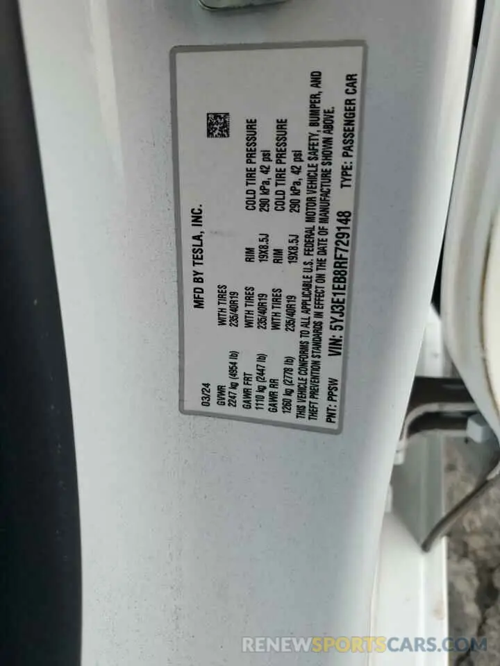 12 Photograph of a damaged car 5YJ3E1EB8RF729148 TESLA MODEL 3 2024