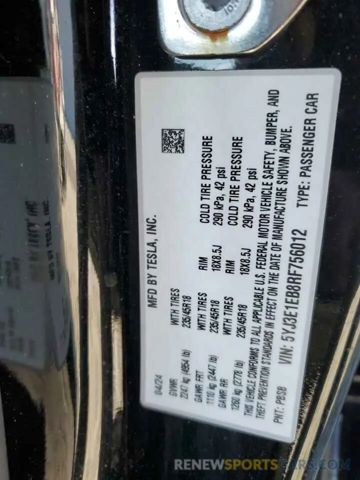 12 Photograph of a damaged car 5YJ3E1EB8RF756012 TESLA MODEL 3 2024