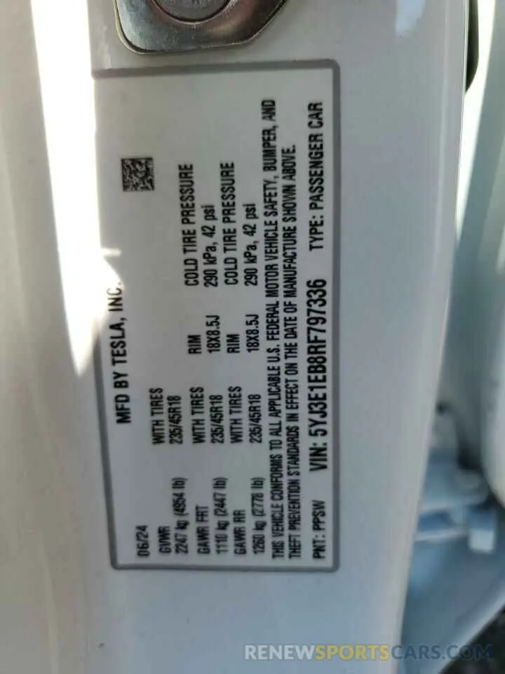 12 Photograph of a damaged car 5YJ3E1EB8RF797336 TESLA MODEL 3 2024