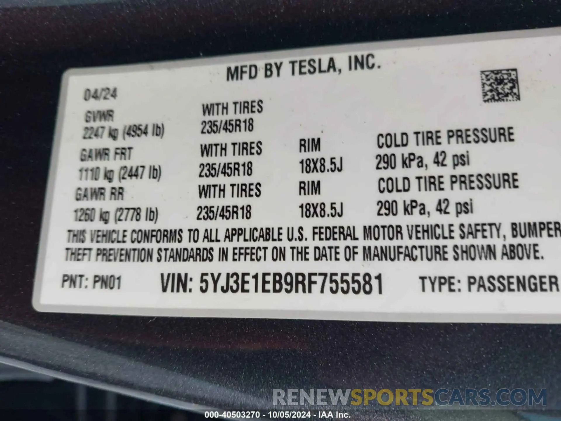 9 Photograph of a damaged car 5YJ3E1EB9RF755581 TESLA MODEL 3 2024