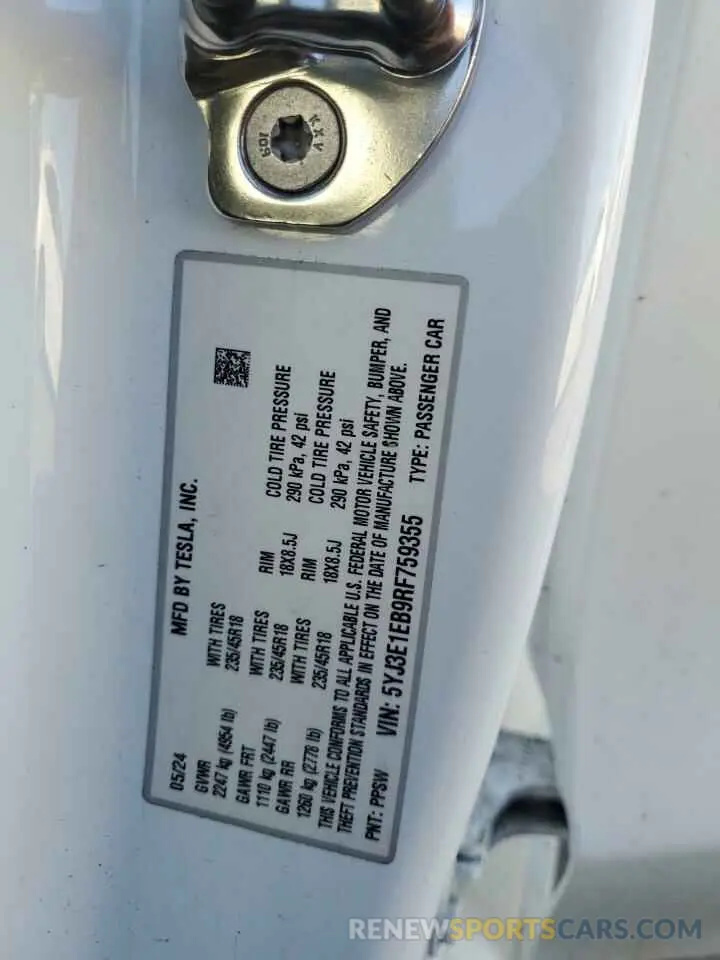 15 Photograph of a damaged car 5YJ3E1EB9RF759355 TESLA MODEL 3 2024