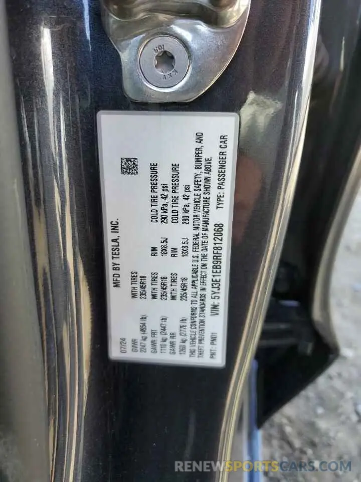 12 Photograph of a damaged car 5YJ3E1EB9RF812068 TESLA MODEL 3 2024