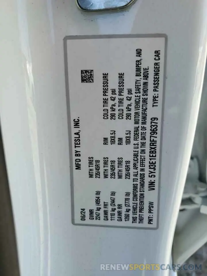 12 Photograph of a damaged car 5YJ3E1EBXRF796379 TESLA MODEL 3 2024