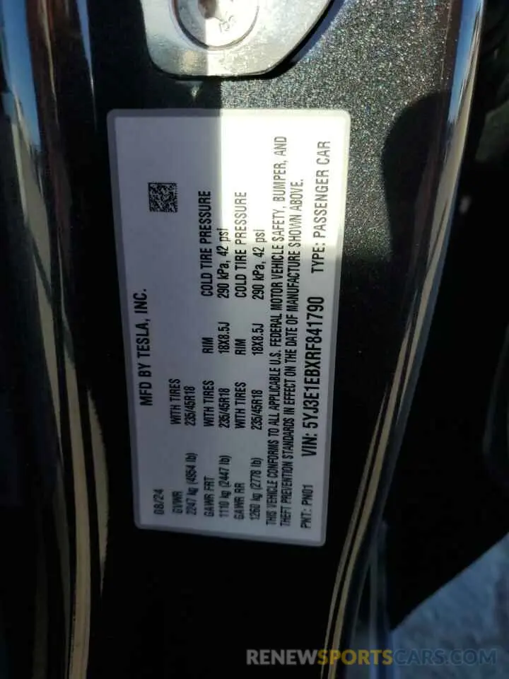 13 Photograph of a damaged car 5YJ3E1EBXRF841790 TESLA MODEL 3 2024