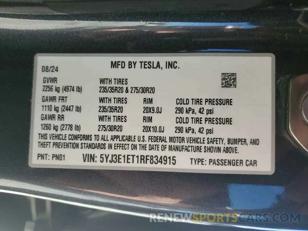 12 Photograph of a damaged car 5YJ3E1ET1RF834915 TESLA MODEL 3 2024