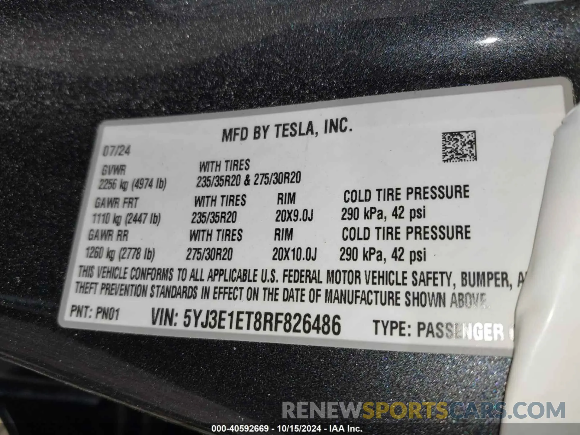8 Photograph of a damaged car 5YJ3E1ET8RF826486 TESLA MODEL 3 2024