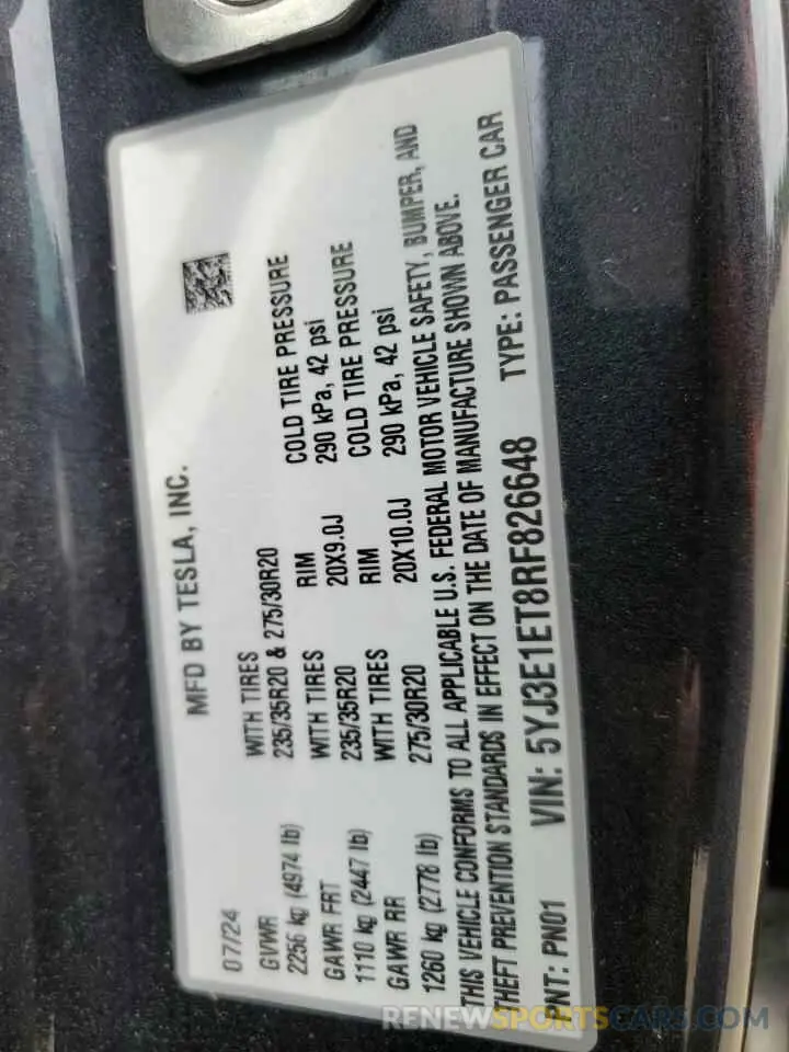 12 Photograph of a damaged car 5YJ3E1ET8RF826648 TESLA MODEL 3 2024