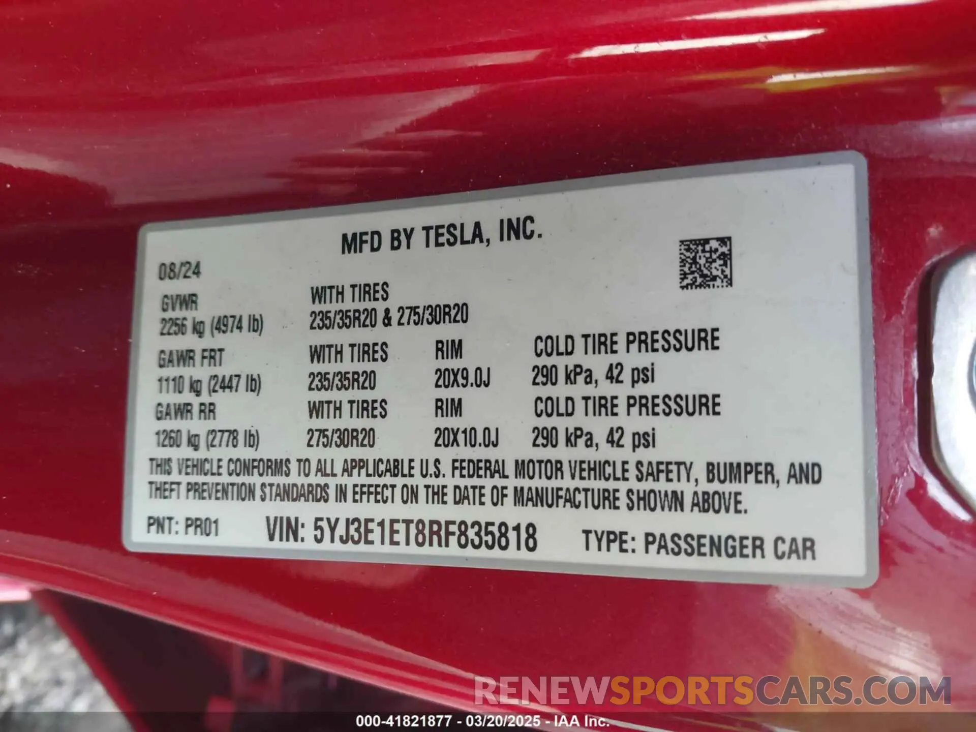 9 Photograph of a damaged car 5YJ3E1ET8RF835818 TESLA MODEL 3 2024
