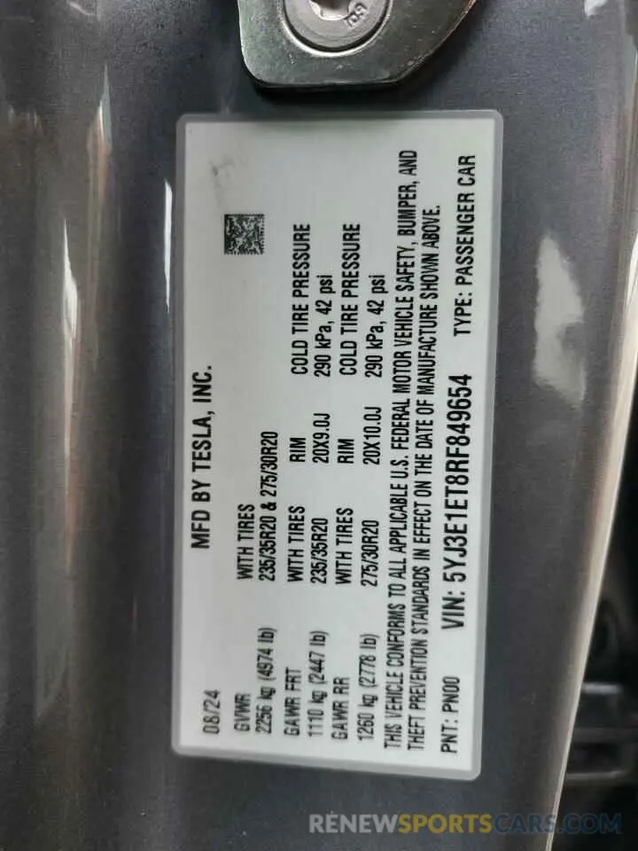 12 Photograph of a damaged car 5YJ3E1ET8RF849654 TESLA MODEL 3 2024