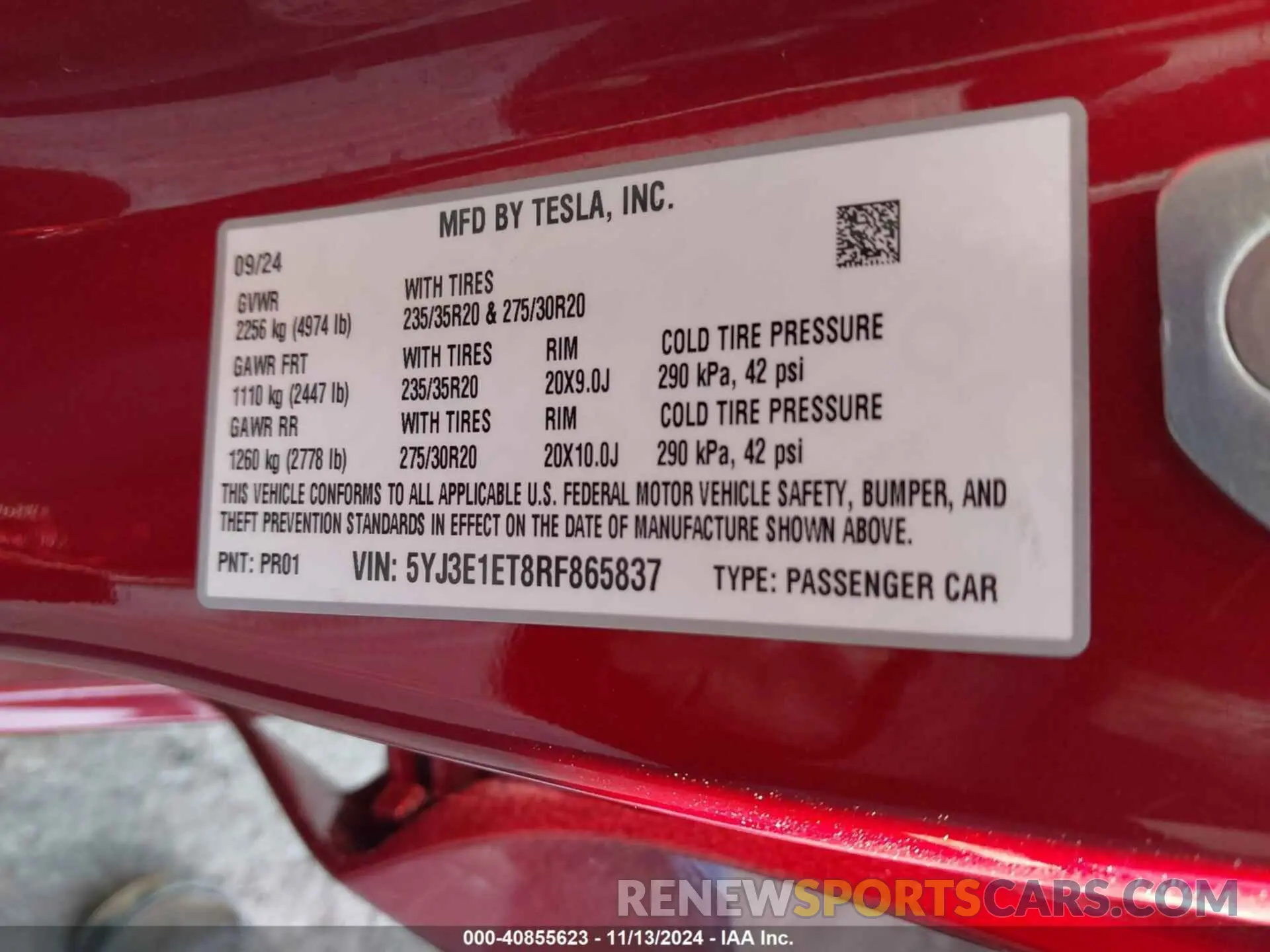 9 Photograph of a damaged car 5YJ3E1ET8RF865837 TESLA MODEL 3 2024
