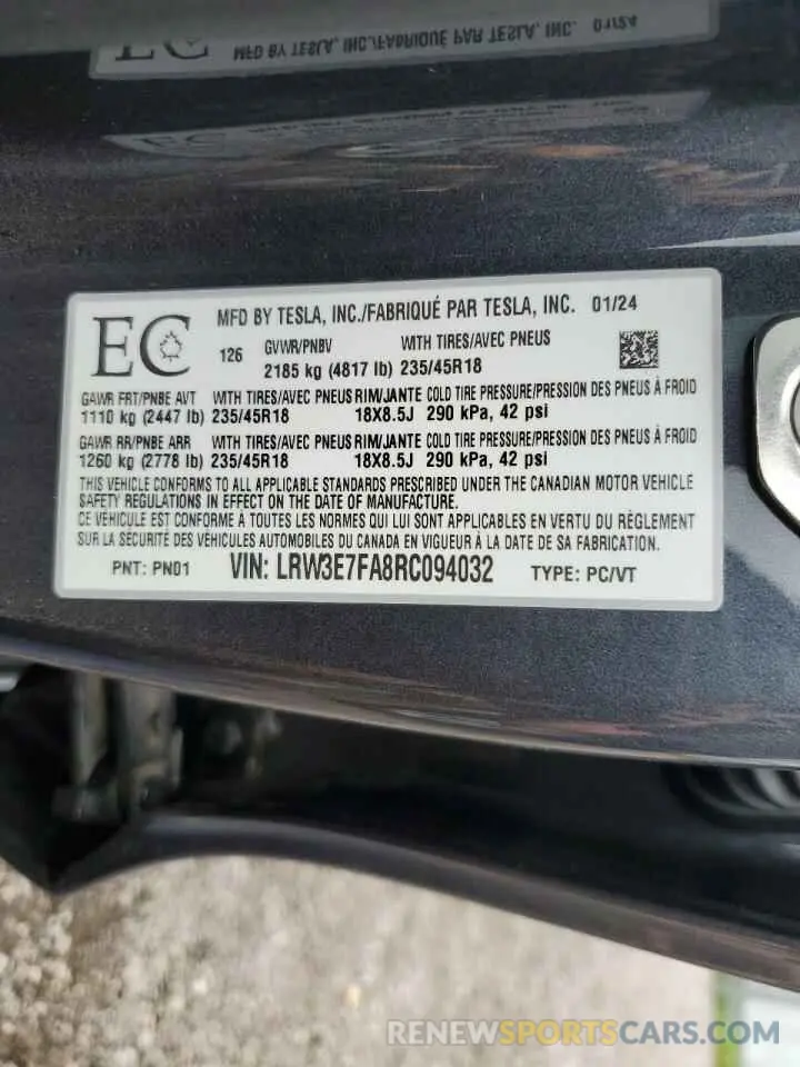 12 Photograph of a damaged car LRW3E7FA8RC094032 TESLA MODEL 3 2024