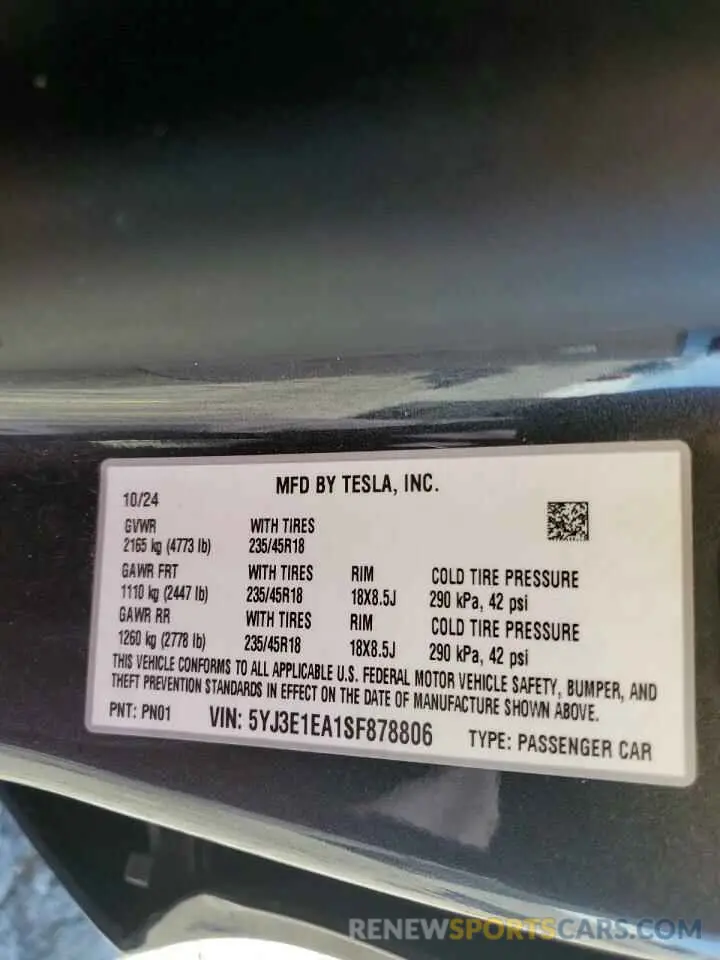 13 Photograph of a damaged car 5YJ3E1EA1SF878806 TESLA MODEL 3 2025