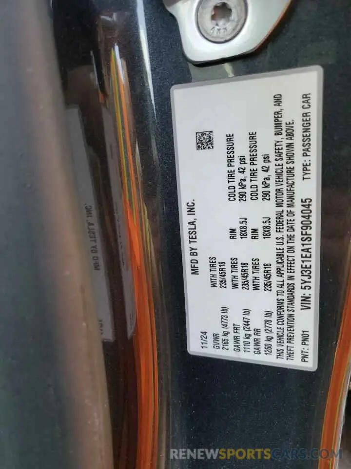 12 Photograph of a damaged car 5YJ3E1EA1SF904045 TESLA MODEL 3 2025