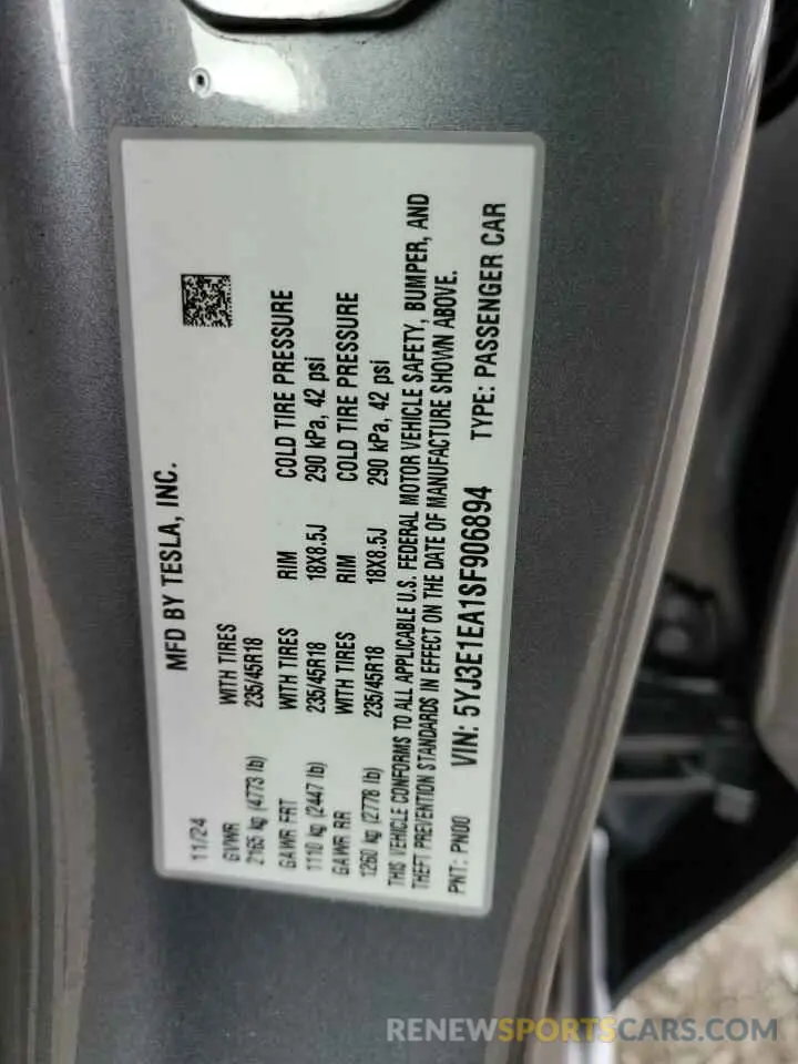12 Photograph of a damaged car 5YJ3E1EA1SF906894 TESLA MODEL 3 2025