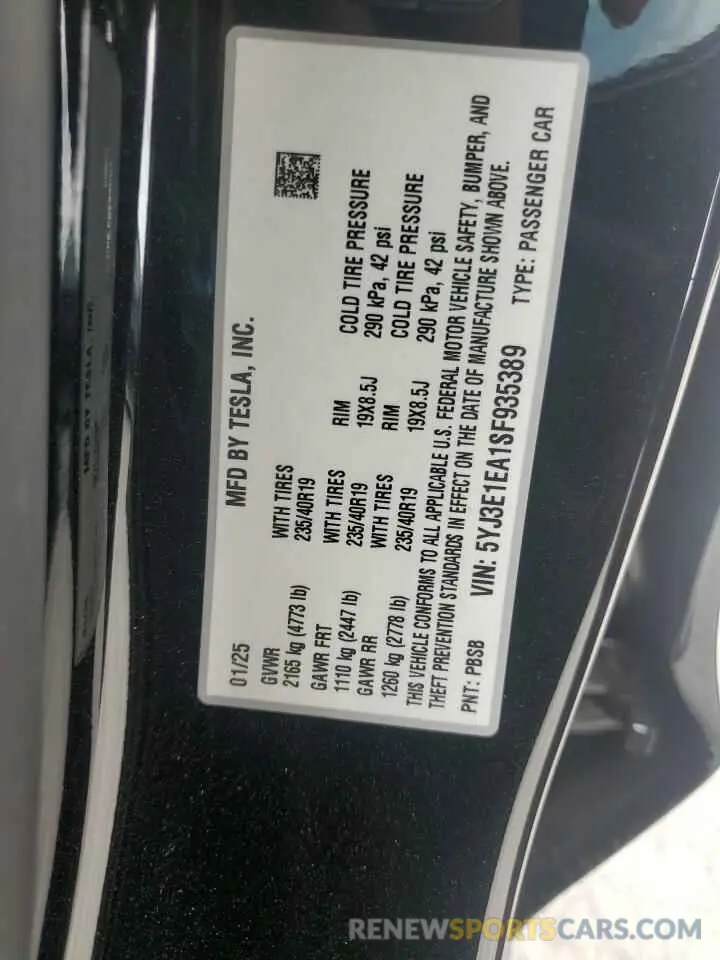 13 Photograph of a damaged car 5YJ3E1EA1SF935389 TESLA MODEL 3 2025