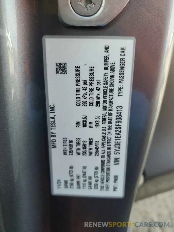 12 Photograph of a damaged car 5YJ3E1EA2SF908413 TESLA MODEL 3 2025