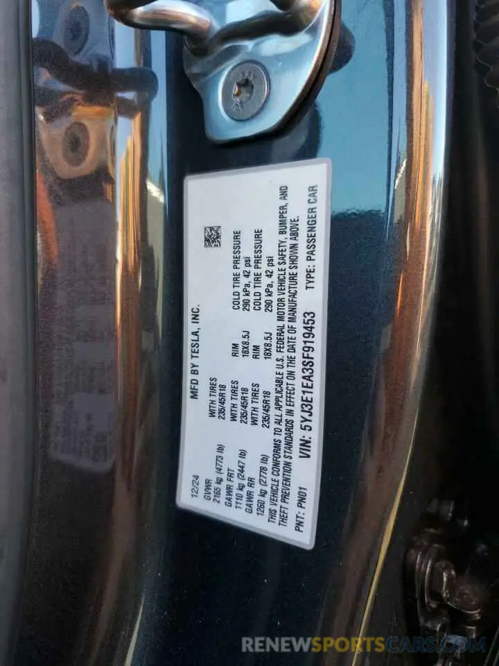 14 Photograph of a damaged car 5YJ3E1EA3SF919453 TESLA MODEL 3 2025
