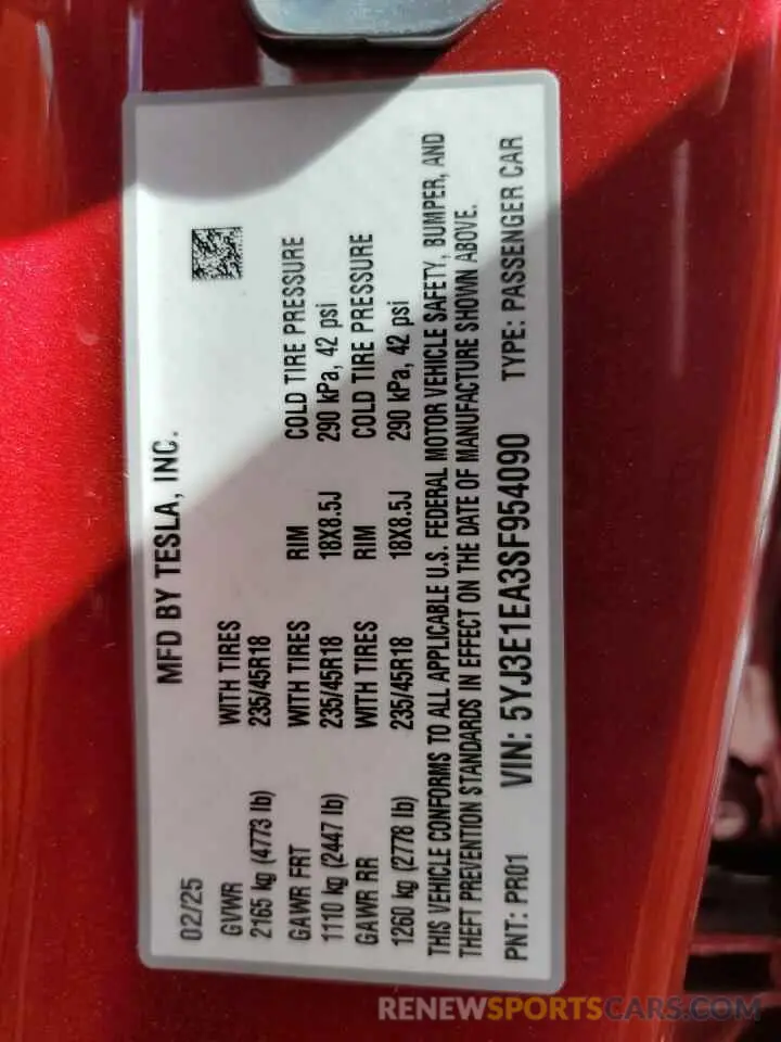 12 Photograph of a damaged car 5YJ3E1EA3SF954090 TESLA MODEL 3 2025