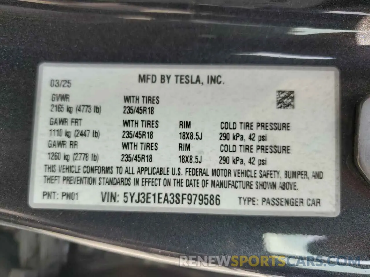13 Photograph of a damaged car 5YJ3E1EA3SF979586 TESLA MODEL 3 2025
