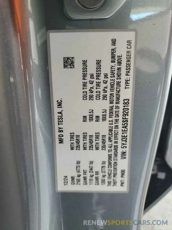 14 Photograph of a damaged car 5YJ3E1EA5SF920183 TESLA MODEL 3 2025