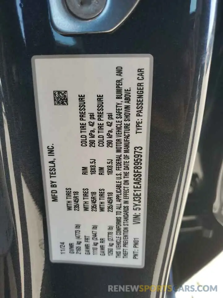 12 Photograph of a damaged car 5YJ3E1EA6SF895973 TESLA MODEL 3 2025