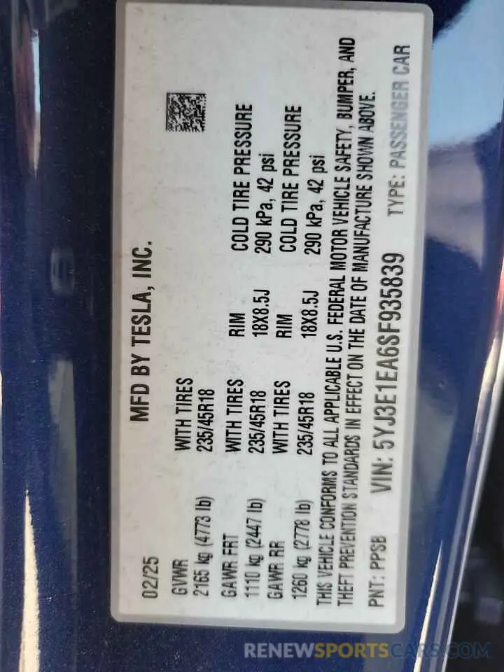 13 Photograph of a damaged car 5YJ3E1EA6SF935839 TESLA MODEL 3 2025