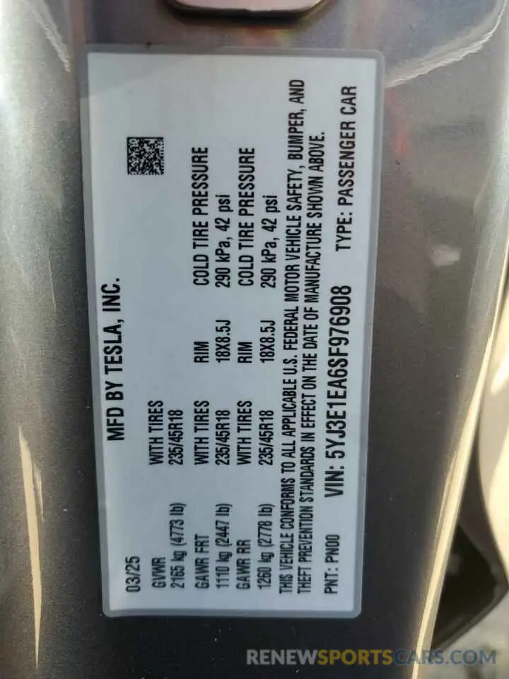 15 Photograph of a damaged car 5YJ3E1EA6SF976908 TESLA MODEL 3 2025
